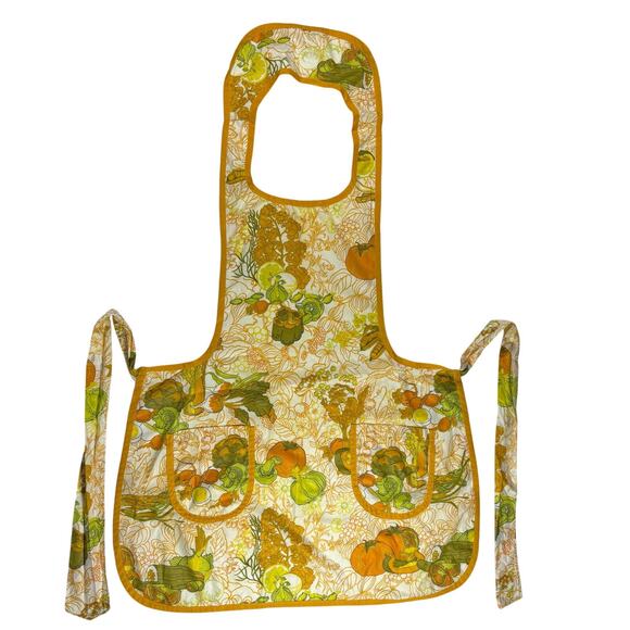 Vintage 80s Pumpkin Print Apron Fall Harvest Kitchen Retro Style Pockets - Picture 1 of 6